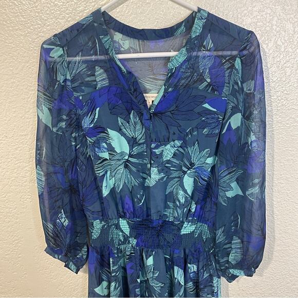 Rebecca Taylor Smocked Tahitian Flower 100% Silk Chiffon Dress Blue Floral Sz 4 - Picture 4 of 11